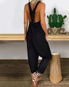 Lasaky - Relaxed Cut Out Tie Detail Jumpsuit Casual Stretch Backless Jumpsuits And Rompers, Casual Backless Jumpsuits And Rompers For Beach, Olivia Mark, Cut Out, Jumpsuit, Spring Summer, V Neck, Pattern