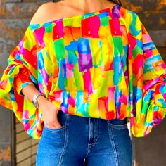 Lantern Sleeve Slash Neck Casual Blouse . This Blouse Is So Beautiful Colorful Printed Casual Blouse, Multicolor Print Long Sleeve Summer Top, Summer Long Sleeve Multicolor Print Tops, Casual Multicolor Printed Blouse, Colorful Long Sleeve Blouse For Summer, Summer Multicolor Long Sleeve Blouse, Trendy Multicolor Print Tops For Fall, Casual Multicolor Tops With Vibrant Print, Casual Multicolor Top With Vibrant Print