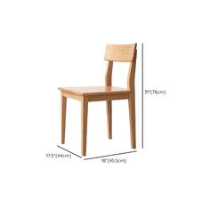 a wooden chair with measurements for it's seat and back side, shown from the front