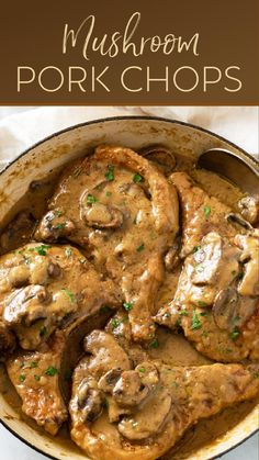 mushroom pork chops with gravy in a skillet