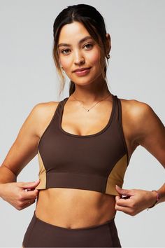 On-The-Go Medium Impact Sports Bra Fabletics Cacao/Quicksand female Activewear >> Womens >> Sports Bras >> Medium Impact regular External Pocket/Removable Bra Cups/Removable Cups/UPF Protection