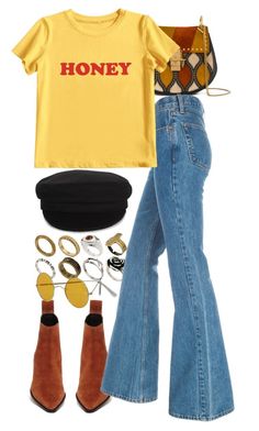 Jeans pierna ancha Blusa bebe amarilla Boots brown Baret Outfit, Hslot Outfit Ideas, Harry Styles Concert Outfit, Harry Outfits, Look 80s, Harry Styles Outfit, 70s Outfits, Looks Street Style