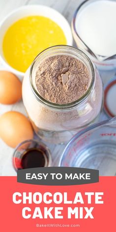 chocolate cake mix in a jar with eggs and other ingredients