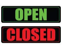 an open and closed sign with the word'open'in red on black, against a white background