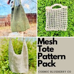 the mesh tote pattern pack is shown in three different pictures