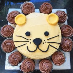 a lion cake with chocolate cupcakes in the shape of it's face