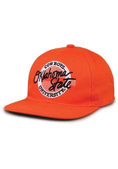 Wear your Cowboys style with pride in this Oklahoma State Cowboys  Orange Retro Circle TC Snapback Hat! This OSU Snapback Hat features a retro circle embroidery on front with green under visor. Go Pokes! MV Sport - Retro Circle TC Snapback, Throwback team trademark circle design on front, Retro kelly green undervisor, high profile shape with buckram, snapback closure, team color crown and visor, Cotton Twill, Wipe clean with cloth or cleaning kit, 4 College Curved Brim Snapback Hat, Circle Embroidery, Go Pokes, Mens Snapback Hats, Orange Retro, Oklahoma State Cowboys, Oklahoma State, Cowboy Style, Circle Design