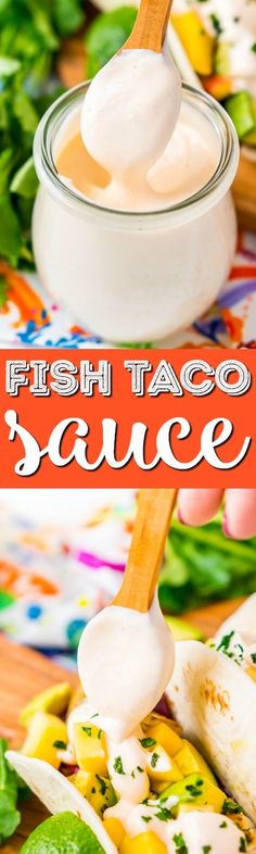 fish taco sauce in a small bowl with a wooden spoon on the side, and fresh vegetables around it