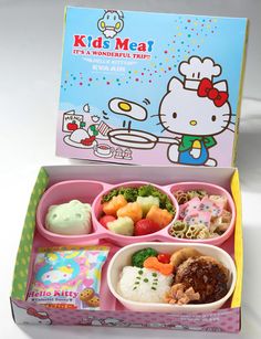 hello kitty bento box lunch with rice, fruit and vegetables