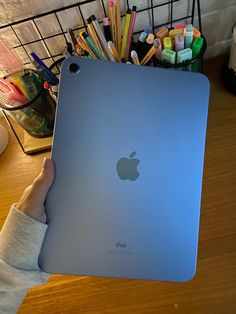 a person holding an apple ipad in their left hand with pencils on the other side