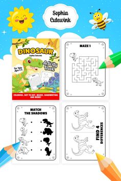 Dinosaur Activity Book for Kids Ages 4-8: 40 Activity Pages - Coloring, Dot to Dot, Mazes, Handwriting Practice and More! by Sophia Cutewink Dinosaur Worksheets, Dinosaur Activity, Amazon Coloring Books, Canva Tips And Tricks, Creative Book Covers, Esl English