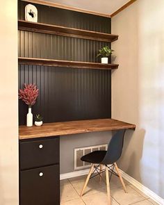 a desk with two shelves and a chair in front of it, next to a wall mounted heater