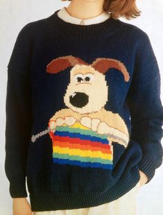 a person wearing a sweater with a dog on it