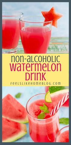 two glasses filled with watermelon drink next to slices of watermelon