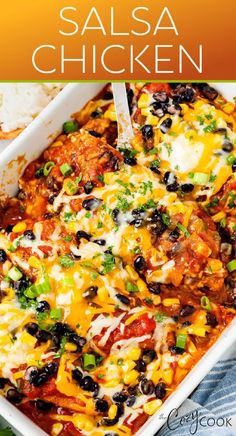 salsa chicken topped with cheese, black beans, and green onions Easy Salsa Chicken, Salsa Chicken Recipe, Mexican Ingredients, Easy Salsa, Salsa Chicken, Easy Chicken Dinner Recipes, Dinner Chicken, Chicken Main Dishes