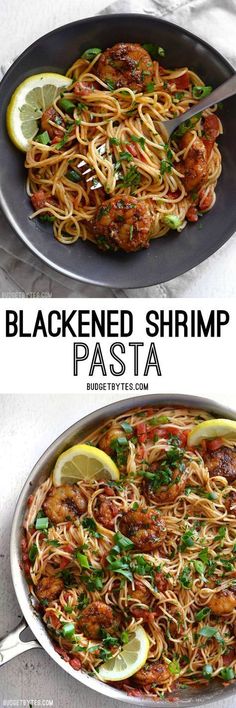 two pictures showing how to make blackened shrimp pasta