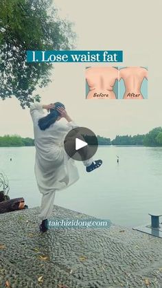 a woman in white is doing yoga on the dock near water with her hands behind her head