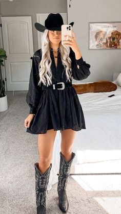 Cowgirl Black Dress Outfit, Short Dress Boots Outfit, Black Skirt Cowboy Boots Outfit, Western Black Outfit, Midsize Cowgirl, Mexican Country Outfits, Cowgirl Outfit Dress, Cowgirl Theme Outfit, Western Black Dress Outfit