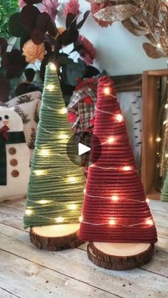 two small christmas trees with lights on them