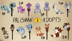 an image of some cartoon animals with numbers on them and the words pallsman adopts