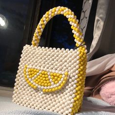 Pearled Mini Handbag Has 2 Missing Beads Yellow Beaded Bag For Gift, Yellow Beaded Rectangular Bag, Yellow Beaded Bag For Everyday Use, Broken Hearts, White Handbag, Mini Handbag, Heart Bag, Mini Handbags, Bags Mini