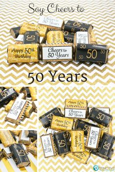 gold and black 50th birthday candy bar wrappers with the words 50 years printed on them