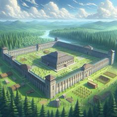 an artist's rendering of a large building in the middle of a green field