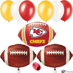 balloons and footballs with the kansas chiefs logo on them