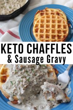 keto waffles and sausage gravy on a blue plate with text overlay