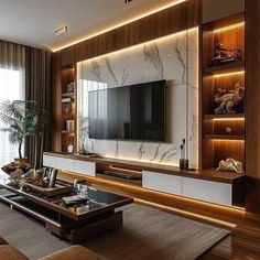 the living room is decorated in modern style with wood paneling and white marble walls