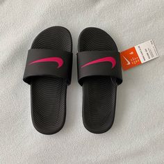 New With Tags Nike Slippers. Black Pink And White. Nike Sporty Pink Sandals, Nike Casual Pink Sandals, Sporty Pink Nike Sandals, Nike Slippers Women, Slippers Nike, Slippers Collection, Nike Shoes Blue, Nike Slippers, Boys Slippers