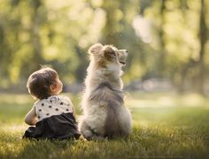 a small child sitting in the grass with a dog looking up at it's back