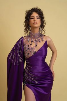 Fabric: Charmeuse; Silhouette: Sheath/Column; Neckline: High Neck; Hemline/Train: Floor-Length; Embellishment: Beads; Ruched; Sleeve: One Sleeve; Waist: Natural; Back Style: Zipper; Built-In Bra: Yes; Shown Color: Regency; Season: Spring; Summer; Fall; Winter; Egyptian Dress Goddesses, Armenian Fashion, Train Skirt, Egyptian Dress, Purple Satin Dress, Celestial Dress, One Shoulder Prom Dress, Intricate Beading, Beaded Prom Dress