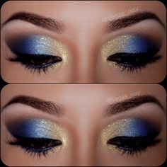 Blue And Gold Makeup, Yellow Eye Makeup, Drag Make-up, Gold Eye Makeup, Beauty Make-up