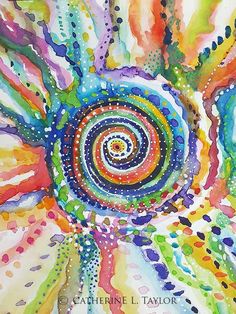 an abstract painting with lots of colors and dots in the shape of a spiral design