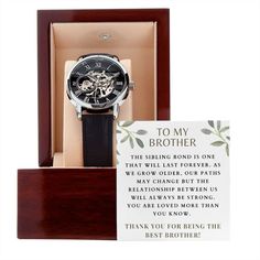 "Gift to Brother from Sister, Open Face Skeleton Watch for Brother, To Brother from Sister, Gift from Brother, Brother Birthday Gift, Jewelry for Brother, Brother Watch, Brother Graduation Gift, Brother Wedding Gift, Brother Christmas Gift, Brother to Brother, Sentimental Gift for Brother, Gift from Sibling, Big Brother Gift, Sibling Bond ⌚Find a Wide Variety of Men's Watches: https://etsy.me/3nSu2XX ❤️ Comes with a Mahogany Style Luxury Gift Box with LED lighting to take your gift giving presen Brother Birthday Gift, Grandfather Birthday, Brother Birthday, Luxury Boxes, Watch Gifts, Grandpa Gifts, Sentimental Gifts, Skeleton Watch, Wristwatch Men