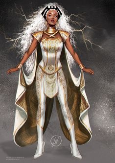 a woman dressed in white and gold standing with her hands on her hips while lightning strikes behind her