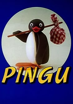 a penguin holding a stick with the word pingnu on it's chest and standing in front of a blue background