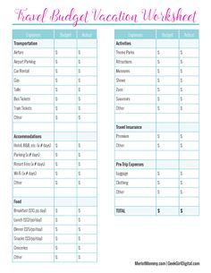 the travel budget vacation worksheet is shown in this printable version, which includes two