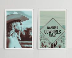 cowgirl wall art set. set of two cowgirl aesthetic prints. trendy wall art.  "Rebel Rendezvous: A Tale of Two Prints" - This digital wall art set captures the essence of the cowgirl spirit. The first print showcases a cowgirl in a moment of quiet defiance, a trail of smoke rising from her lips, an emblem of her rugged independence. The second print features a playful warning sign, "Cowgirls Ahead," setting the tone for the bold and untamed energy that follows. Together, these prints weave a narr Aesthetic Wall Prints, Aesthetic Prints, Cowgirl Aesthetic, Wall Art Set Of 2, Gallery Wall Art Set, Art Set Of 2, Gallery Wall Art, Aesthetic Wall, Cow Girl