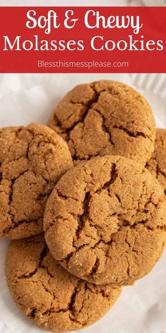 soft and chewy molasses cookies on a white plate with text overlay