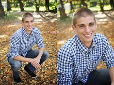 two young men are posing in the leaves