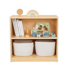 a wooden toy shelf with two baskets and toys on the bottom shelf, including an animal truck