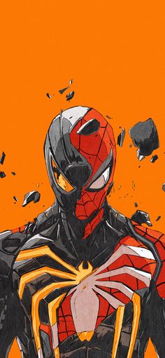 a drawing of a spider - man standing in front of an orange background with rocks