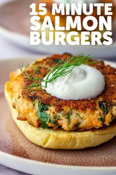 a close up of food on a plate with the words 15 minute salmon burgers