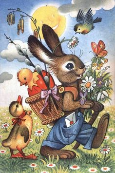 an easter card with a rabbit and chicks in the grass, one is holding a basket