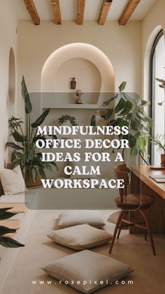 10 best home office decoration ideas for Mindfulness Coaches & Meditation Teachers Cozy Yoga Room, Wellness Room Workplace, Relaxing Office Space Ideas, Cozy Office Space At Home, Zen Office Ideas, Yoga Room Ideas Home, Bohemian Office Space, Zen Office Space, Calm Workspace