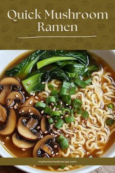 a bowl of ramen with mushrooms, green onions and sesame seeds in broth