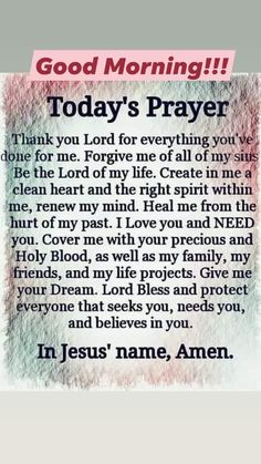 a card with the words, god morning today's prayer in pink and white