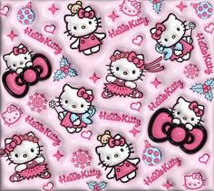 hello kitty wallpaper with pink hearts and stars on the bottom, and white polka dots in the middle